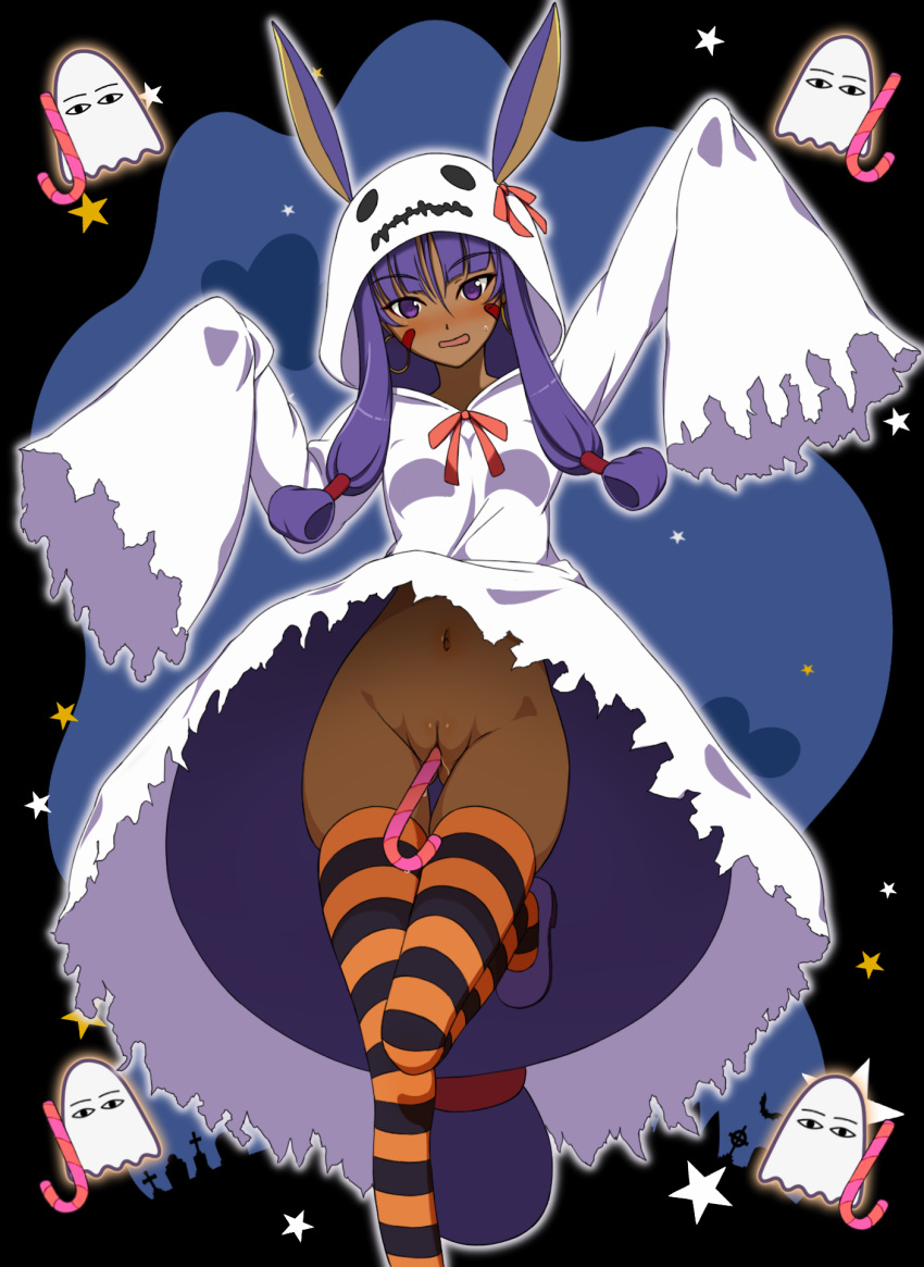 animal_ears blush bunny_ears dark-skinned_female dark_skin denkaisui embarrassed facial_mark fate/grand_order fate_(series) female halloween innie_pussy long_hair looking_at_viewer navel nitocris_(fate/grand_order) open_mouth purple_eyes purple_hair pussy sidelocks solo standing tagme uncensored upskirt vaginal_object_insertion vaginal_penetration