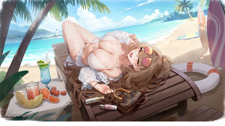 azur_lane bag bare_shoulders beach beach_chair bikini blue_sky blush breasts brown_eyes brown_hair cg cleavage cloud collarbone cup day drink drinking_glass drinking_straw eyewear_on_head female food frilled_bikini frills fruit huge_breasts innertube knees_up large_breasts lion_(azur_lane) lion_(the_reclining_dandelion)_(azur_lane) long_hair long_sleeves looking_at_viewer lying navel ocean off_shoulder official_alternate_costume official_art on_back open_clothes open_mouth open_shirt orange_(fruit) orange_slice outdoors palm_tree sand sky smile solo stomach sunglasses swim_ring swimsuit thighs tinted_eyewear tree very_long_hair water white_bikini white_shirt yellow_eyes
