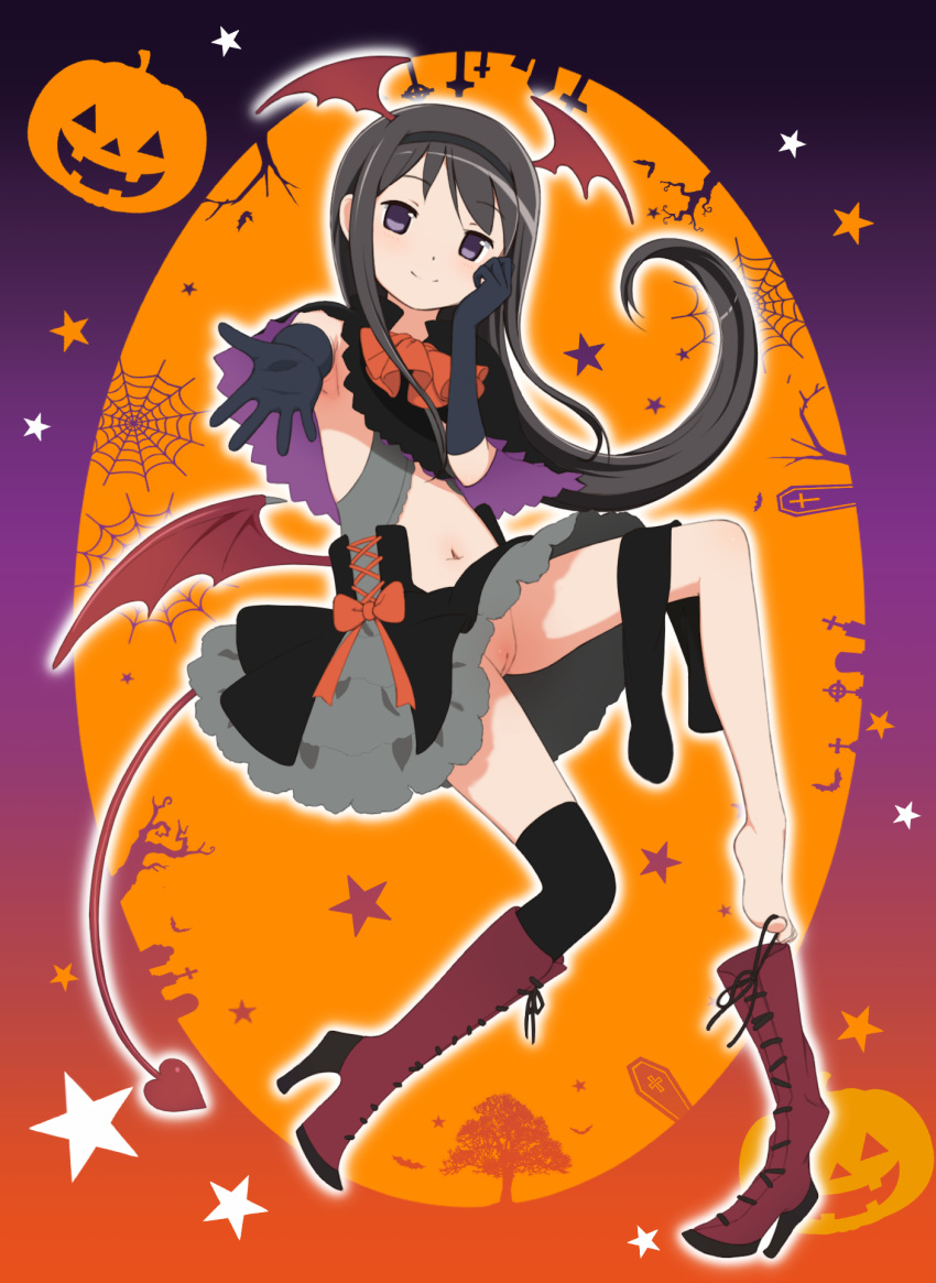 akemi_homura black_hair blush denkaisui female full_body halloween high_heel_boots high_heels innie_pussy long_hair looking_at_viewer mahou_shoujo_madoka_magica navel no_panties outstretched_arm outstretched_hand purple_eyes pussy smile solo tagme uncensored upskirt