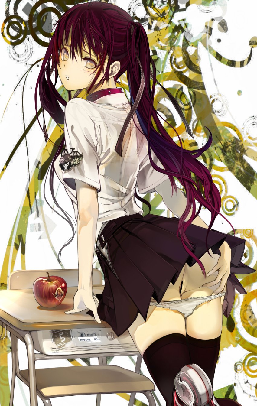 air_gear apple ass ass_grab bra brown_eyes censored collar desk female food fruit grabbing_own_ass highres looking_back noyamano_ringo panties panty_pull purple_hair pussy revision school_uniform see-through skirt solo thighhighs ukai_saki underwear white_panties