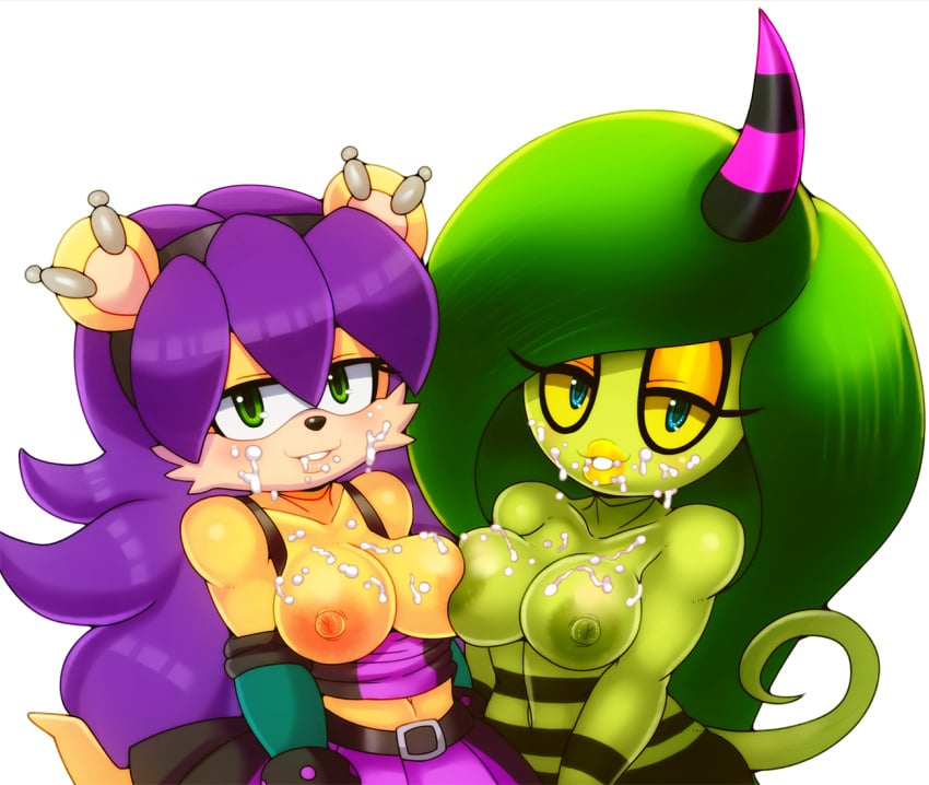 2017 2d anthro areola black_nose blue_eyes breasts clothed clothing cum cum_on_breasts cum_on_face deadly_six ear_piercing eyelashes female fur gloves green_eyes green_hair green_skin hair half-closed_eyes herpestid horn lips looking_at_viewer mammal matospectoru mina_mongoose mongoose navel nipples nude piercing purple_hair sega simple_background skirt sonic_(series) sonic_lost_world sonic_the_hedgehog_(series) white_background yellow_fur zeena zeti zeti_(species)