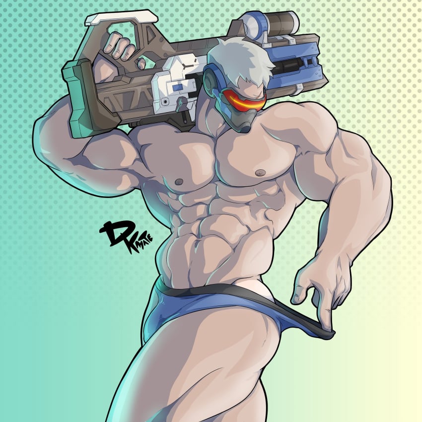 1boy abs bara barazoku belly_button biceps briefs bulge dkmate gay gun light-skinned_male light_skin male male_focus male_only mask muscular muscular_arms nipples no_visible_genitalia overwatch pecs soldier_76 solo standing topless underwear underwear_only underwear_pull weapon white_hair