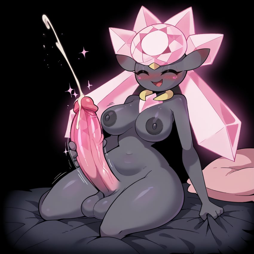 1futa ai_generated anthro balls big_breasts big_penis blush breasts cum cumshot diamond diancie futa_only futanari gem grey_body huge_cock masturbation mineral_fauna orgasm penis pokémon_(species) pokemon solo stable_diffusion thick_thighs