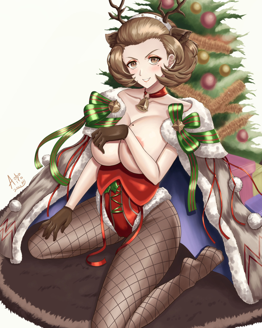 1girls animal_ears antlers aobaalfa areola_slip areolae bare_arms bare_shoulders beauty_mark bell blush breasts breasts_out brown_eyes brown_hair cape carpet choker christmas christmas_tree collarbone covering covering_breasts evil_grin evil_smile eyeshadow female female_only fire_emblem fire_emblem:_three_houses fire_emblem_heroes fishnet_legwear fishnets flashing gift gloves grin hairband kneeling large_breasts leotard lipstick looking_at_viewer manuela_casagranda manuela_casagranda_(winter) mole mole_on_breast mole_under_eye naughty_face nintendo orange_eyeshadow orange_lips orange_lipstick pantyhose partially_visible_vulva short_hair shoulders smile solo teasing tree white_background