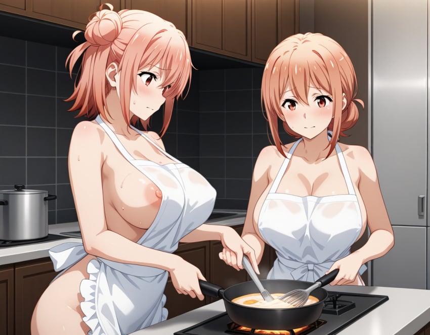 2girls ai_generated apron apron_only big_breasts kitchen mother_and_daughter my_teen_romantic_comedy_snafu naked_apron nipple_slip orange_hair yuigahama_yui yuigahama_yui's_mother