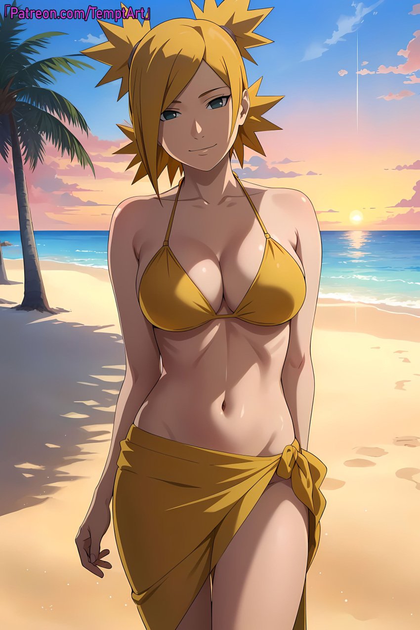 1girls ai_generated beach big_breasts bikini bikini_bottom bikini_top blonde_hair boruto:_naruto_next_generations cleavage curvaceous curvy curvy_body curvy_female curvy_figure facing_viewer female female_focus female_only golden_bikini hourglass_figure light-skinned_female light_skin looking_at_viewer mature mature_female midriff midriff_sarashi milf nai_diffusion naruto naruto_(series) naruto_shippuden outdoors palmtree palmtrees patreon_username ponytails quad_tails seaside skimpy skimpy_bikini smiling solo solo_female solo_focus stable_diffusion standing sunset swimsuit teal_eyes temari temptart thighs twintails url watermark web_address wide_hips