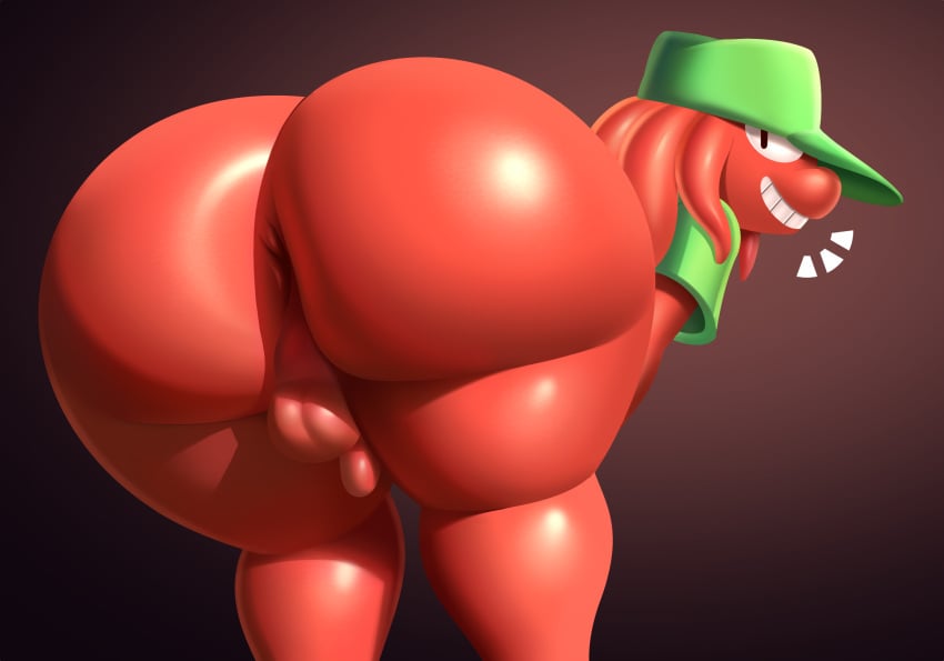 acstlu alien anthro anus ass balls big_butt bottomless clothed clothing genitals grinning_at_viewer hat headgear headwear hi_res jubee_(sqoon) looking_back male penis puwa red_body red_skin shirt simple_background small_penis solo thick_thighs topwear