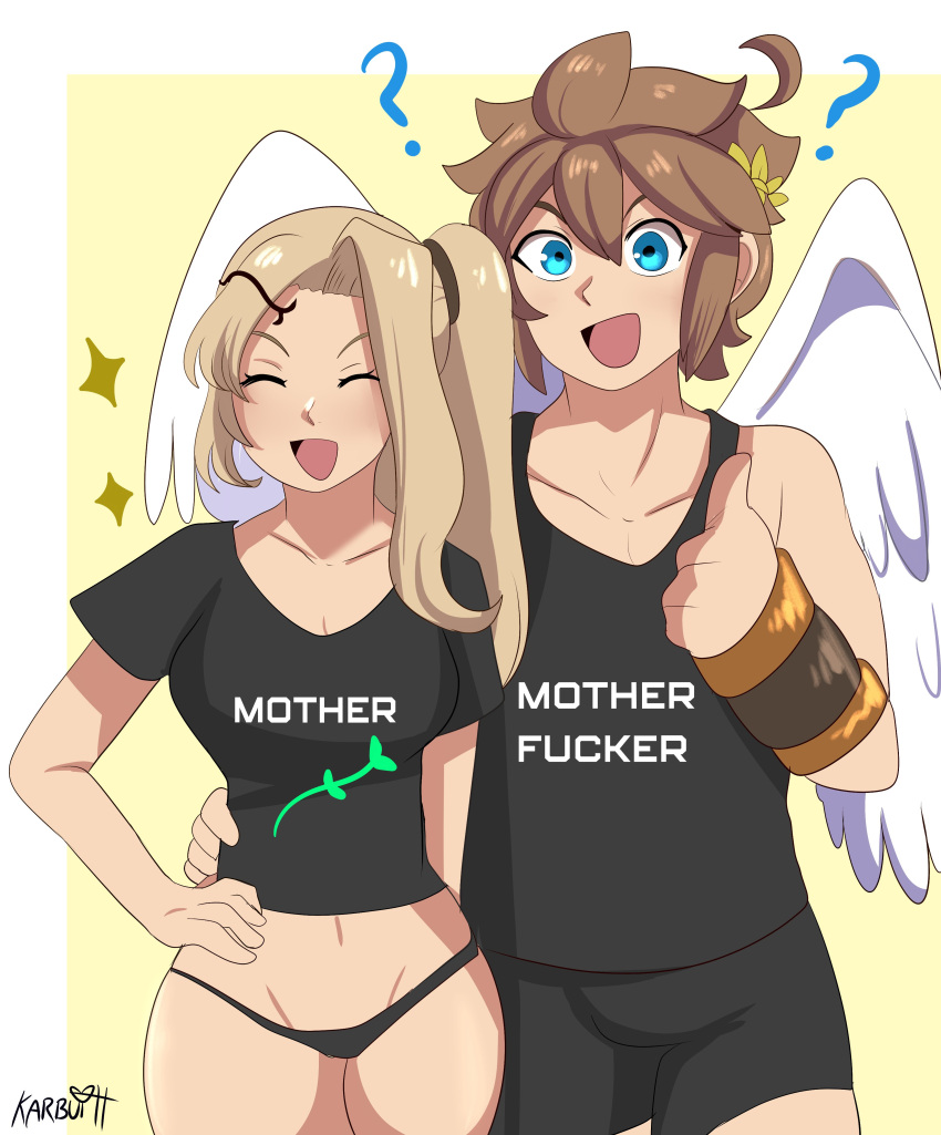 1boy 1girls ? absurd_res angel_wings blonde_hair brown_hair english_text female hand_on_hip karbuitt kid_icarus kid_icarus_uprising looking_at_viewer male nintendo pit_(kid_icarus) smiling smiling_at_viewer text text_on_clothing thumb_up viridi wings