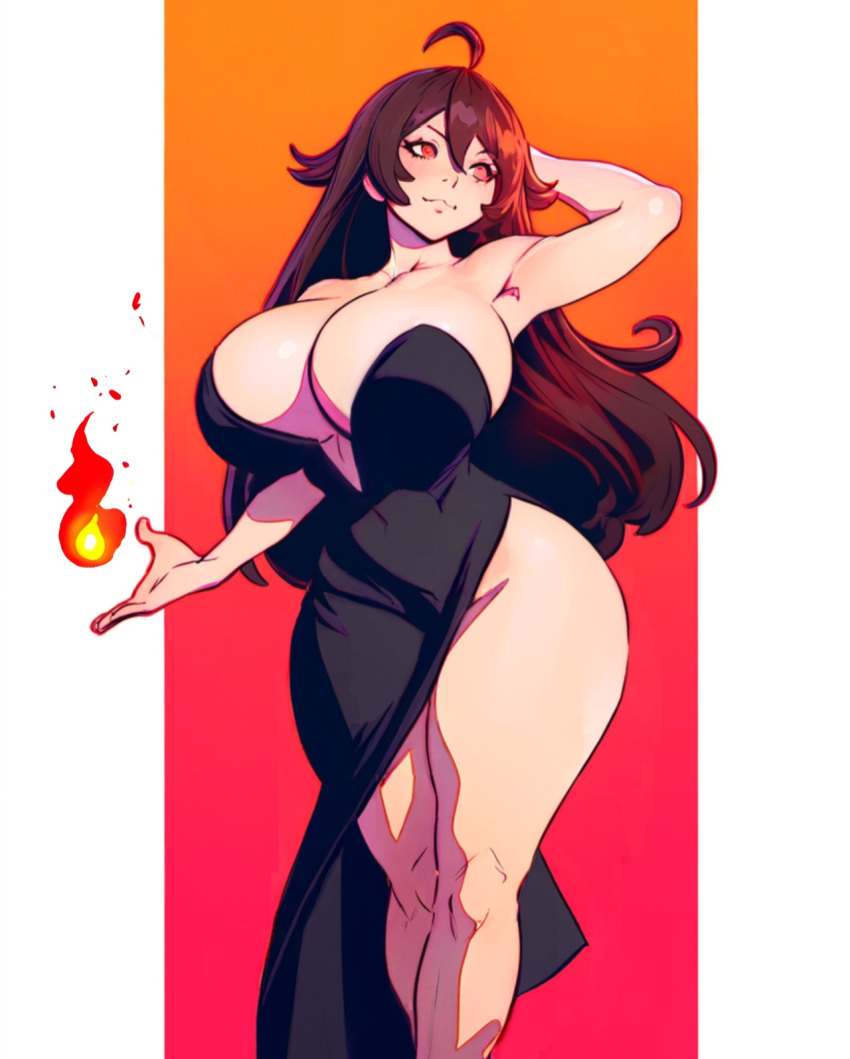 1girls ai_generated arm_behind_head black_dress breasts cleavage clothed_female corset dress fire fireball hourglass_figure huge_ass huge_boobs huge_breasts legs long_hair one_arm_behind_head original_character revealing_clothes side_slit sorceress_sophia thick_thighs thighs voluptuous voluptuous_female wide_hips witch