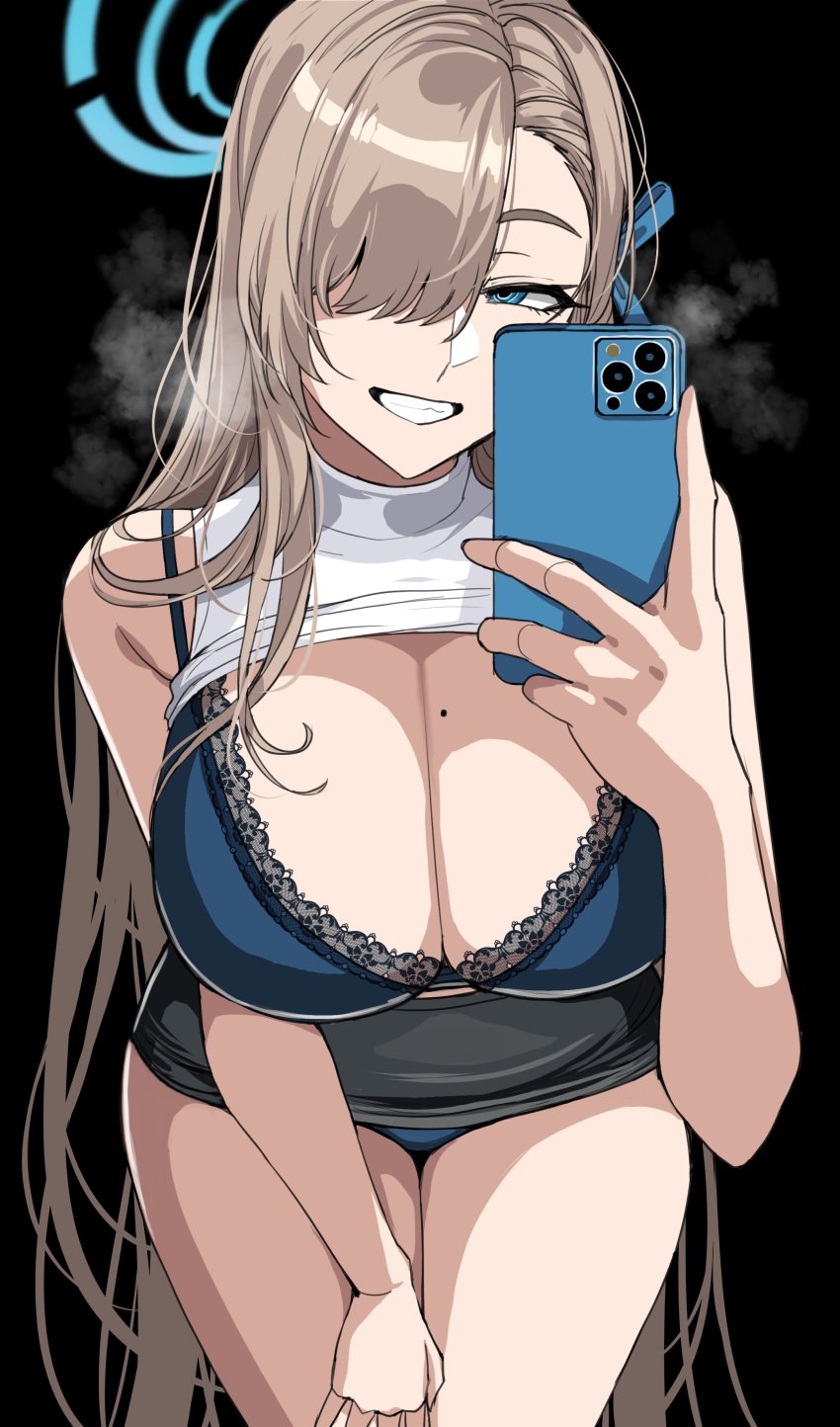 1girls asuna_(blue_archive) black_skirt blonde_hair blue_archive blue_eyes blue_legwear blue_panties bra breasts clothing drogod_(artist) female hair_over_one_eye hi_res hips huge_breasts legs_together light-skinned_female light_skin long_hair matching_underwear naughty_face panties shirt shirt_lift skirt skirt_lift smile thick_thighs thighs white_shirt wide_hips