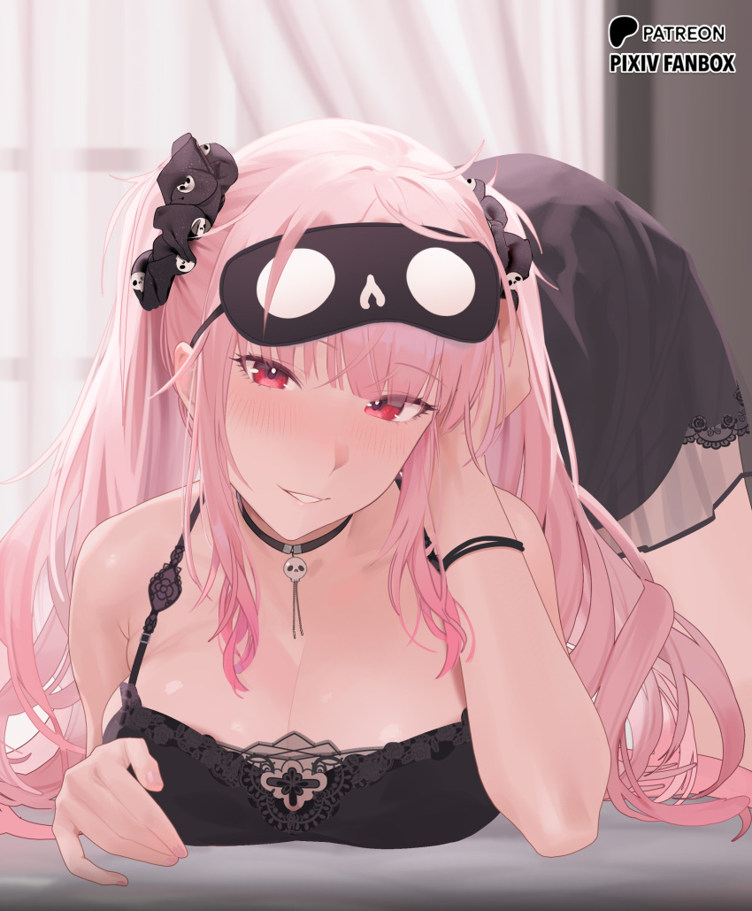 1girls ass_up bare_shoulders black_nightgown blush breasts choker day eyewear hand_on_head hololive hololive_english hololive_myth huge_breasts kirachamo long_hair looking_at_viewer lying_on_bed messy_hair mori_calliope nightgown on_bed patreon_logo pink_eyes pink_hair pixiv_sample room scrunchie skull smile smiling_at_viewer suggestive_look top-down_bottom-up twintails virtual_youtuber waking_up