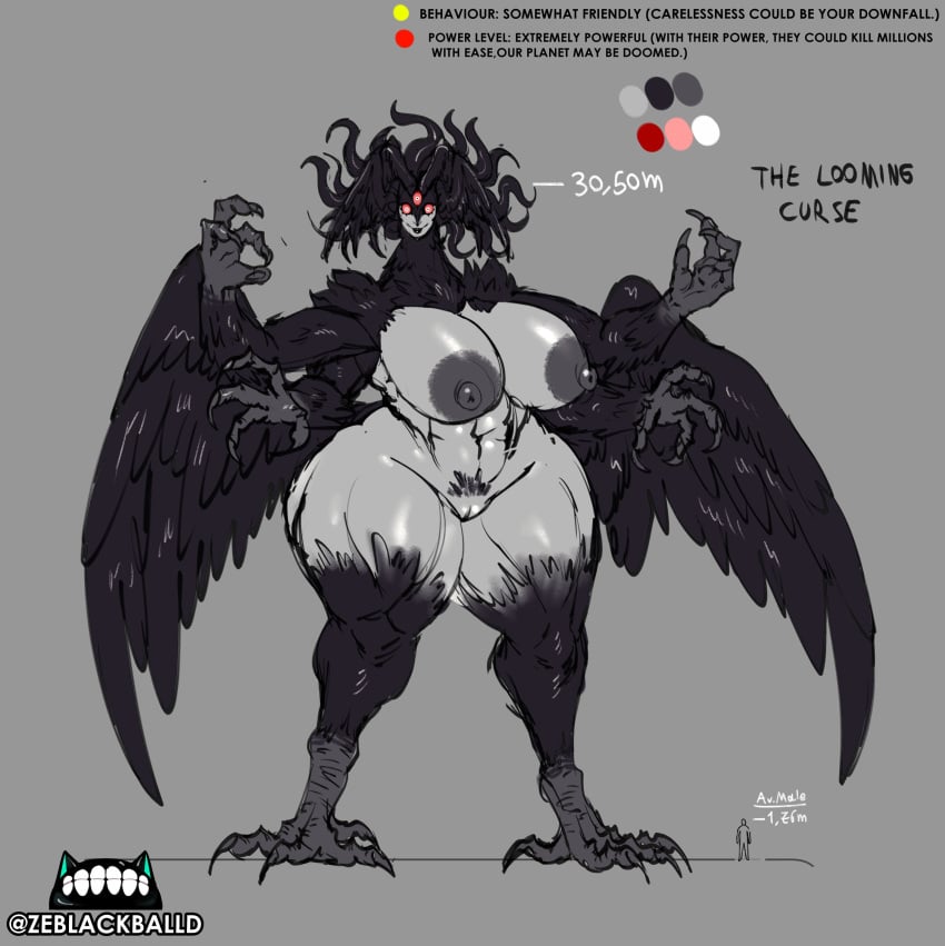 3_eyes 4_arms areola areolae avian big_areola bird_feet black_feathers black_wings character_name character_sheet creepy_smile crow eldritch eldritch_abomination eldritch_horror feathered_wings feathers giantess huge_areolae huge_breasts huge_nipples huge_thighs large_areolae larger_female long_nose model_sheet multi_arm multi_eye multi_limb muscular_female nightmare_fuel nightmare_waifu original_character reference_sheet size_difference smaller_male tentacle_hair the_looming_curse_(zeblackballd) wings wings_on_head ze_blackball.d zeblackballd_(artist)