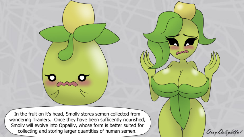 absurd_res anthro breasts dixydelightful duo edit elemental_creature elemental_humanoid embarrassed female female/female flora_fauna furry hi_res humanoid nintendo plant plant_hair plant_humanoid pokémon_(species) pokemon pseudo_hair smile smoliv video_games