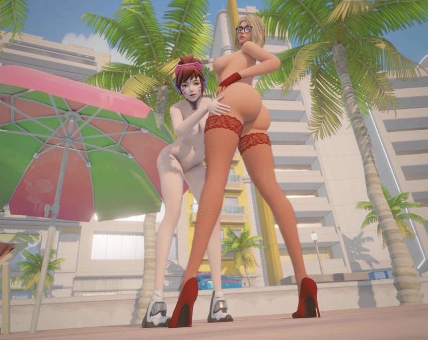 3d angela_ziegler big_ass casual d.va female fingerless_gloves footwear hana_song high_heels human mehdead mercy naked_stockings nude nude_female overwatch overwatch_2 pale_skin public red_stockings socks stockings