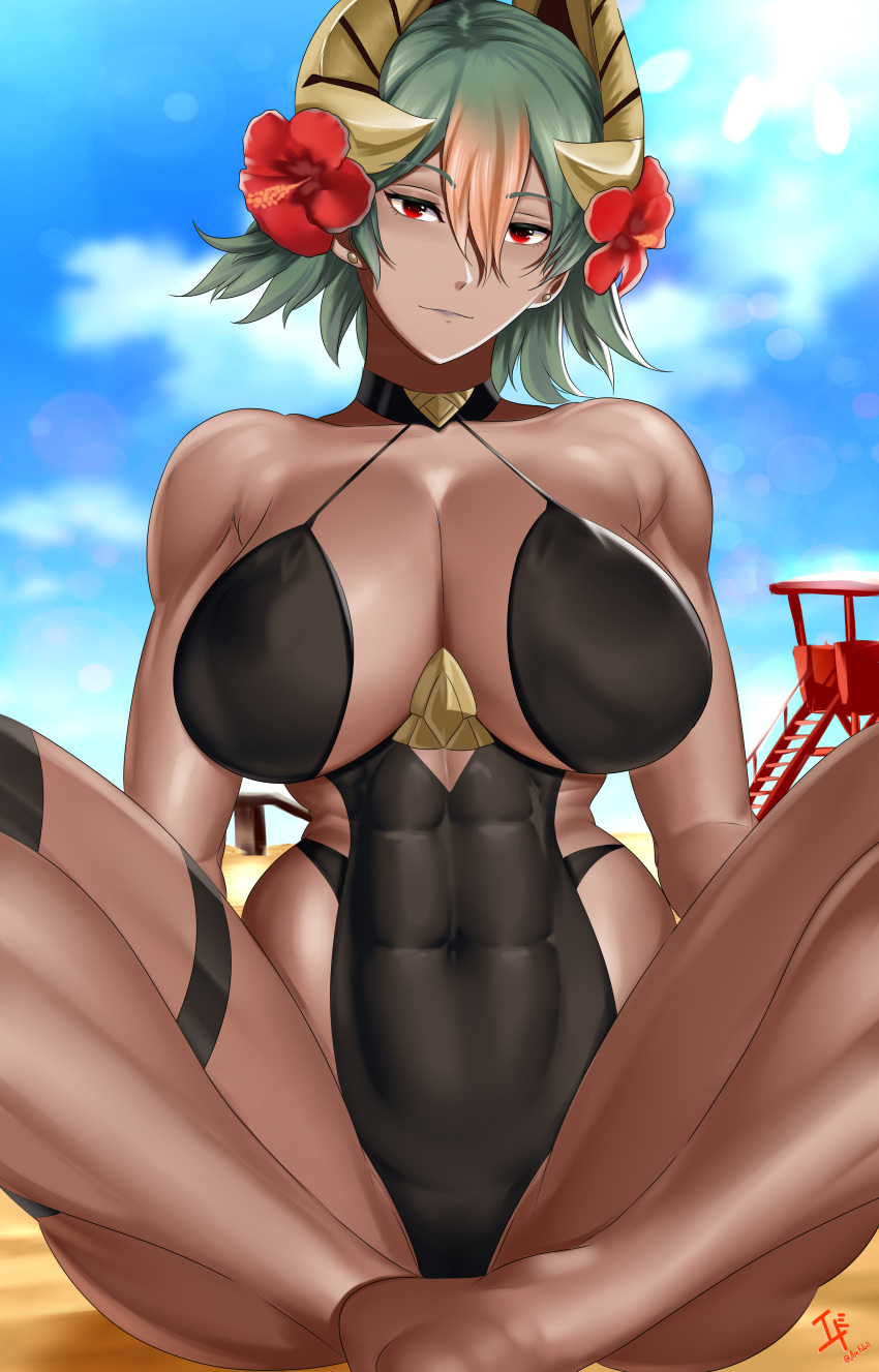 1girls abs alternate_costume arcedo bare_arms bare_legs bare_shoulders barefoot beach black_one-piece_swimsuit black_swimsuit breasts cleavage collarbone covered_navel dark-skinned_female dark_skin ear_piercing female female_only fire_emblem fire_emblem_heroes flower green_hair hair_between_eyes hair_flower horns laegjarn_(fire_emblem) large_breasts legs looking_at_viewer multicolored_hair muscular muscular_female nintendo official_alternate_costume one-piece_swimsuit outdoors piercing red_eyes short_hair shoulders sitting smile solo spread_legs swimsuit