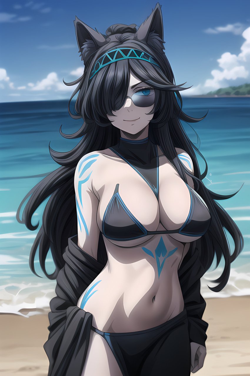 1girls ai_generated beach black_hair cat_ears catgirl female female_focus female_only hips kasli_the_bane long_hair small_breasts sunglasses the_battle_cats tinted_eyewear white_skin