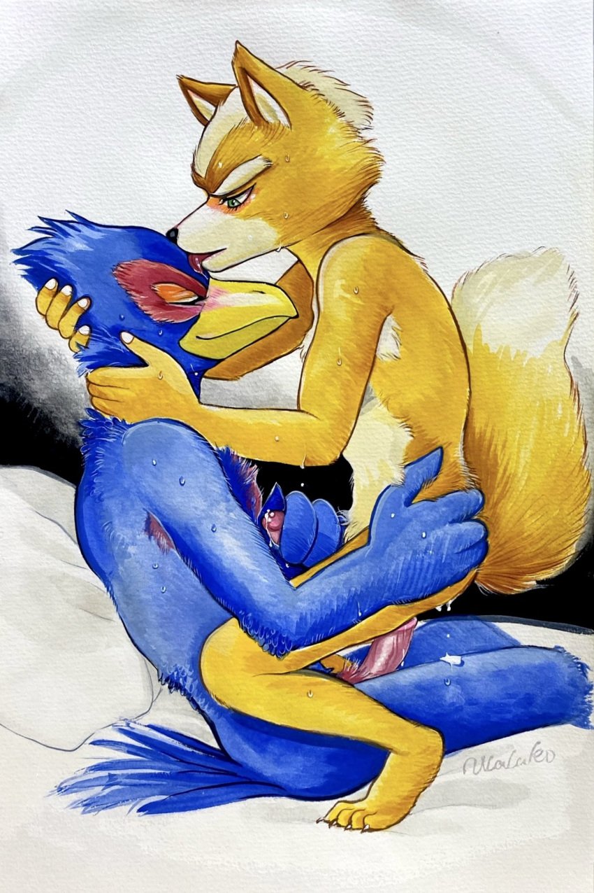 2boys anal anal_sex anthro avian bed bird blush bodily_fluids canid canine caressing closed_eyes duo falco_lombardi fox fox_mccloud furniture gay handjob hi_res licking male male/male mammal nintendo nude penetration penile pillow sex smile star_fox sweat tongue ulala_ko