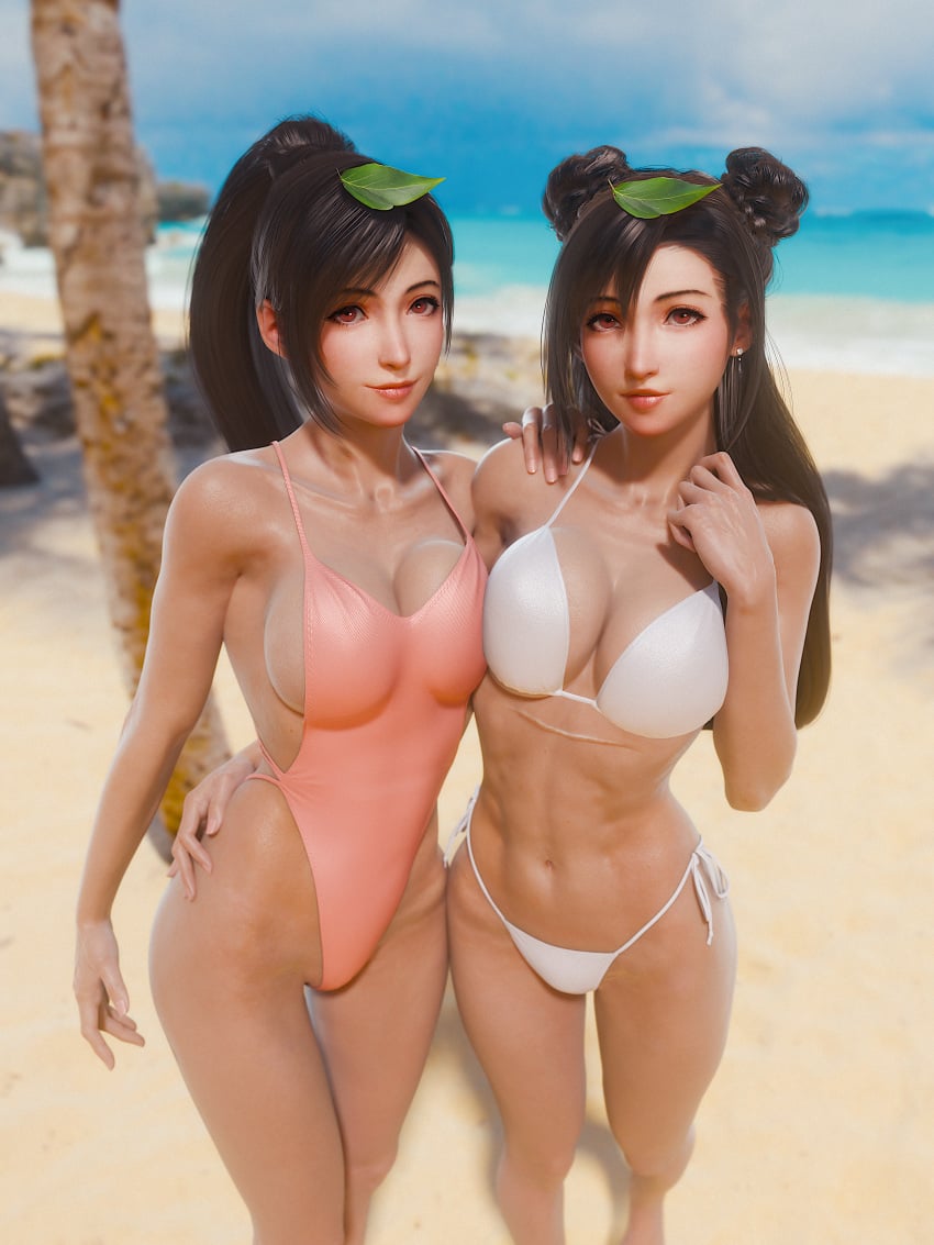 2girls 3d 4k beach clone clones final_fantasy final_fantasy_vii final_fantasy_vii_remake hair identical_girls long looking_at_viewer ria-neearts swimsuit tifa_lockhart twins