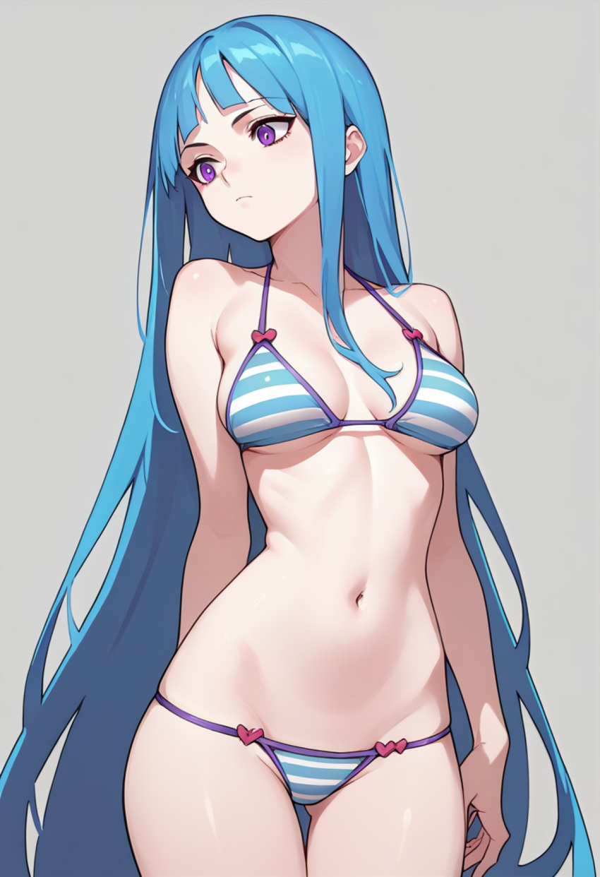 (me!me!me!) ai_generated blue_hair cleavage lifting_skirt long_hair looking_away me!me!me! navel purple_eyes seductive skindentation swimsuit thighs wariza