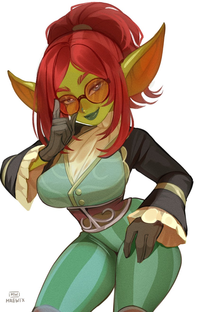 1girls absurd_res adjusting_glasses clothing female female_only glasses goblin goblin_female gobtober gobtober_2024 green_skin looking_at_viewer maewix1 pointy_ears ponytail red_hair round_glasses smiling smiling_at_viewer solo solo_female white_background