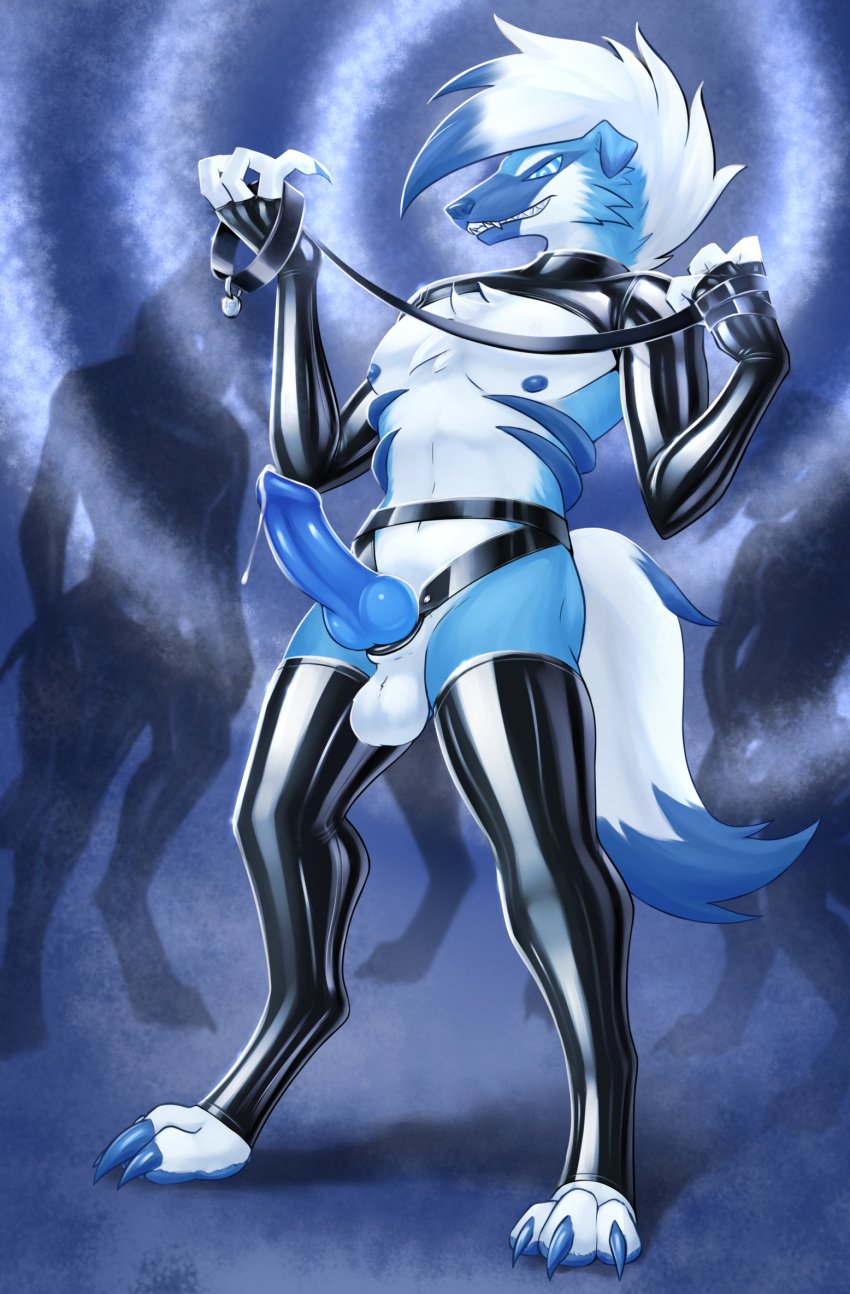 black_legwear blue_body blue_eyes blue_fur blue_nipples blue_penis bondage_gear boner cock cock_ring collar collar_and_leash erect_nipples erect_penis erection fur furry furry_only half_naked hypnosis hypnotic_eyes leaking leash lycanroc male male_only pokémon_(species) pokemon pokemon_(species) pokemon_sm precum rubber rubber_boots rubber_clothing rubber_gloves shiny_clothes shiny_pokemon solo solo_male white_body white_fur wolf wolf_humanoid