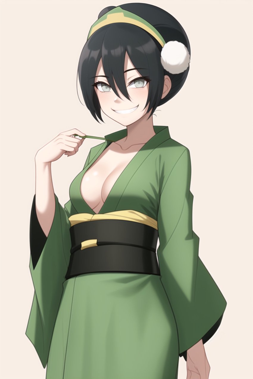 1girls ai_generated alternate_breast_size alternate_costume avatar_legends avatar_the_last_airbender black_hair blind blush cleavage earth_kingdom female green_kimono kimono medium_breasts obi plunging_neckline smirk toph_bei_fong