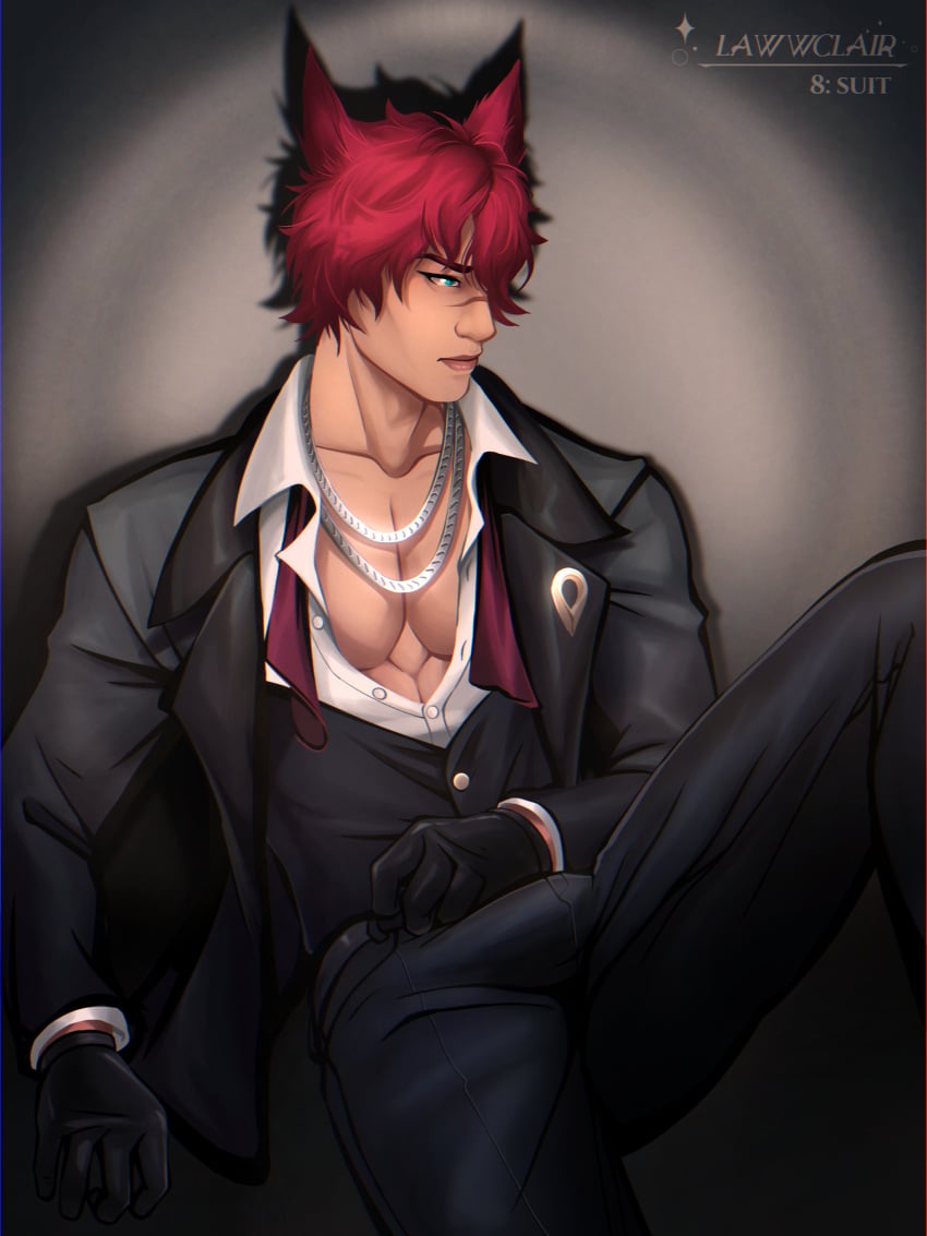 black_clothing bulge bulge_through_clothing collar gloves green_eyes heartsteel_series heartsteel_sett latex_gloves lawwclair league_of_legends league_of_legends:_wild_rift male male_only red_hair sett silver_collar solo solo_focus solo_male spotlight suit