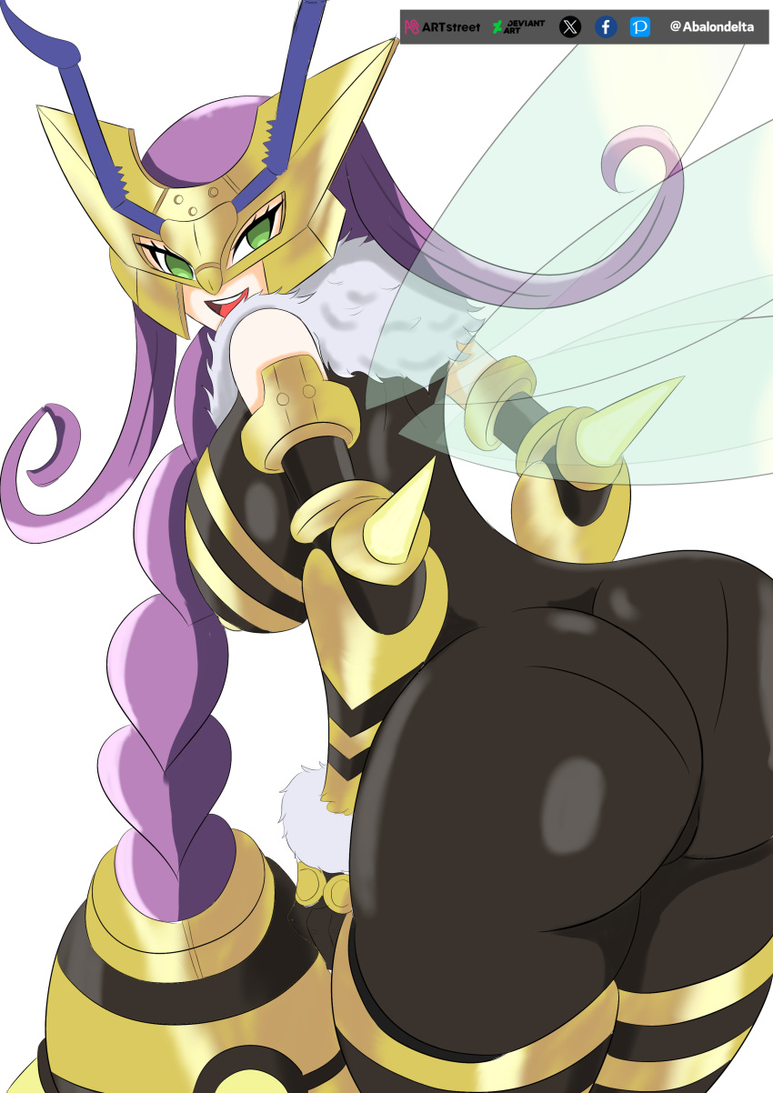 1girls abalondelta bee digimon female green_eyes purple_hair queenbeemon solo solo_female solo_focus