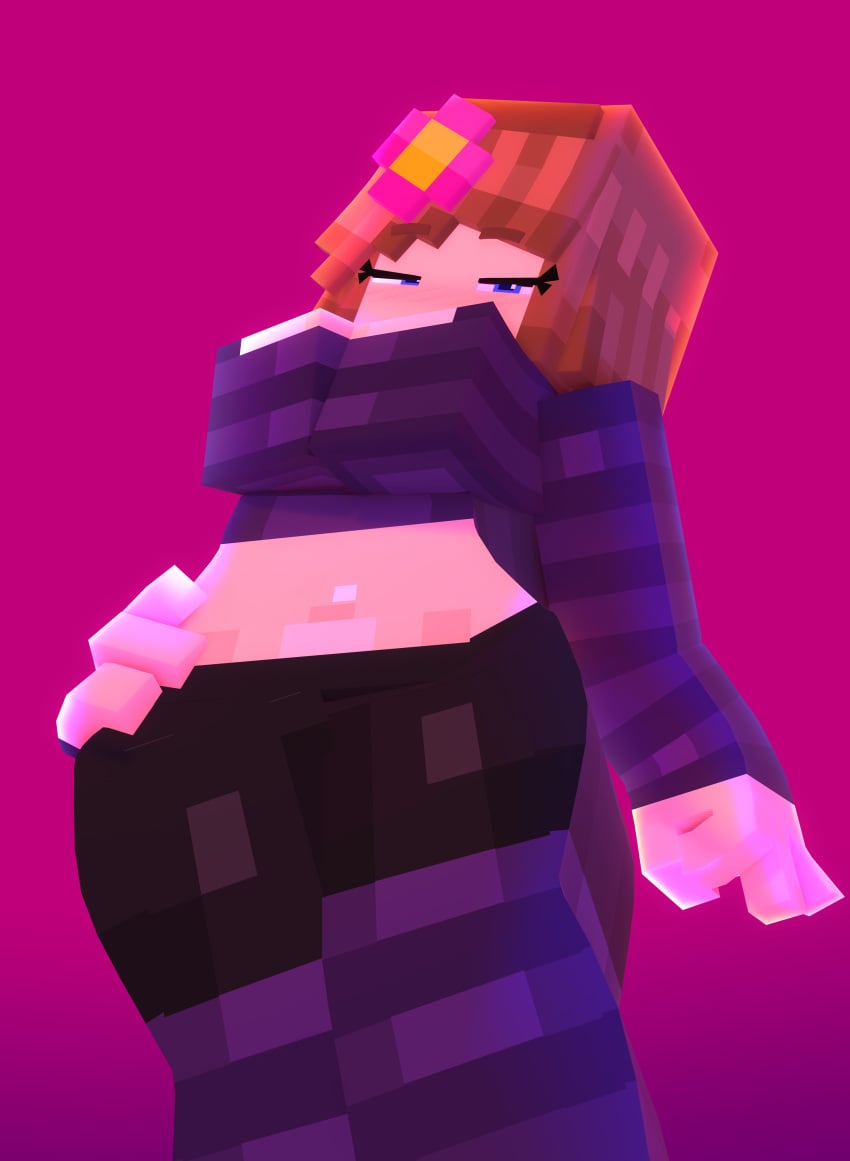 1girls 3d 3d_(artwork) black_shorts blue_eyes blush blush_lines choker cubic_breasts curvy eyelashes female_focus female_only flower flower_in_hair hair_ornament hand_on_hip jenny_belle_(slipperyt) large_breasts looking_at_viewer looking_down low-angle_view mine-imator minecraft mojang purple_background slipperyt solo solo_female voluptuous wide_hips