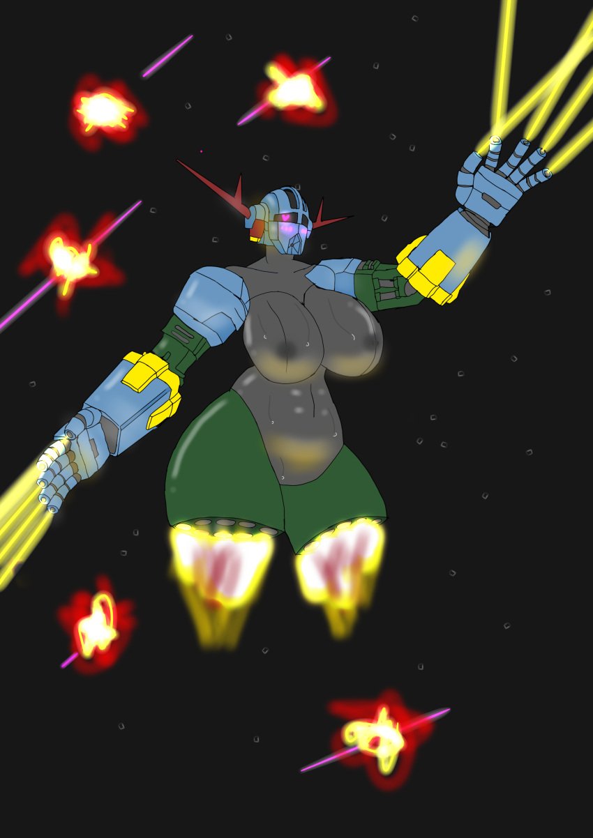 amputated_leg breasts gundam heart-shaped_pupils huge_ass huge_breasts large_breasts mecha milf mobile_suit mobile_suit_gundam nude robot_girl shooting sweat sweatdrop zeong