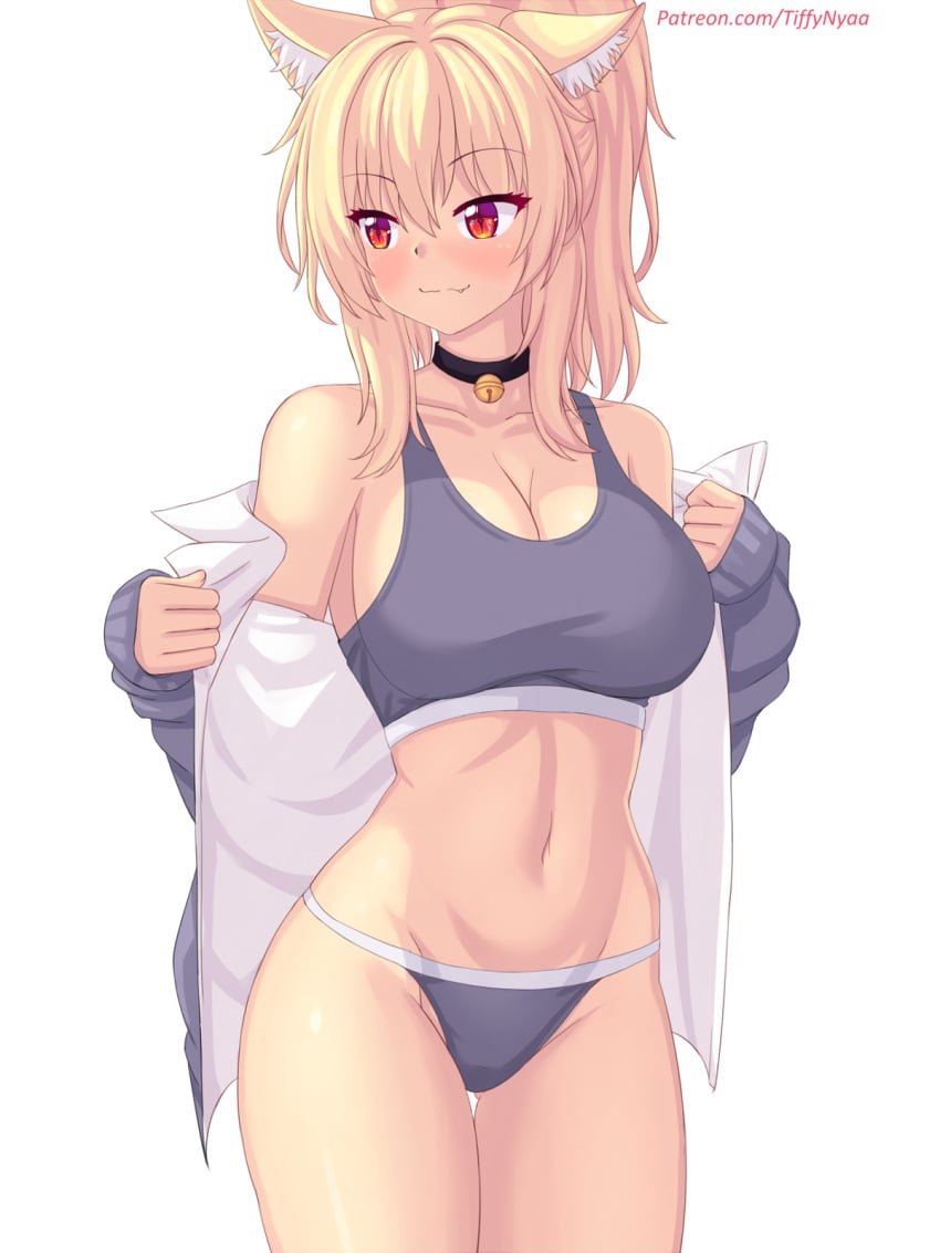 1girls animal_ears blonde_hair breasts cat_ears catgirl female kemonomimi large_breasts light-skinned_female light_skin long_hair midriff panties red_eyes sports_bra sportswear tiffy tiffynyaa