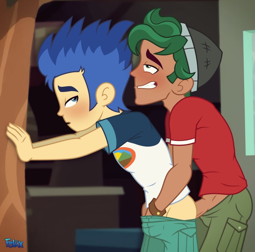 anal_sex blue_hair blush clothed dark-skinned_male equestria_girls felux flash_sentry gay green_hair hat looking_up male_only my_little_pony outdoors outside pants_down pleasure_face smile timber_spruce touching yaoi yellow_skin