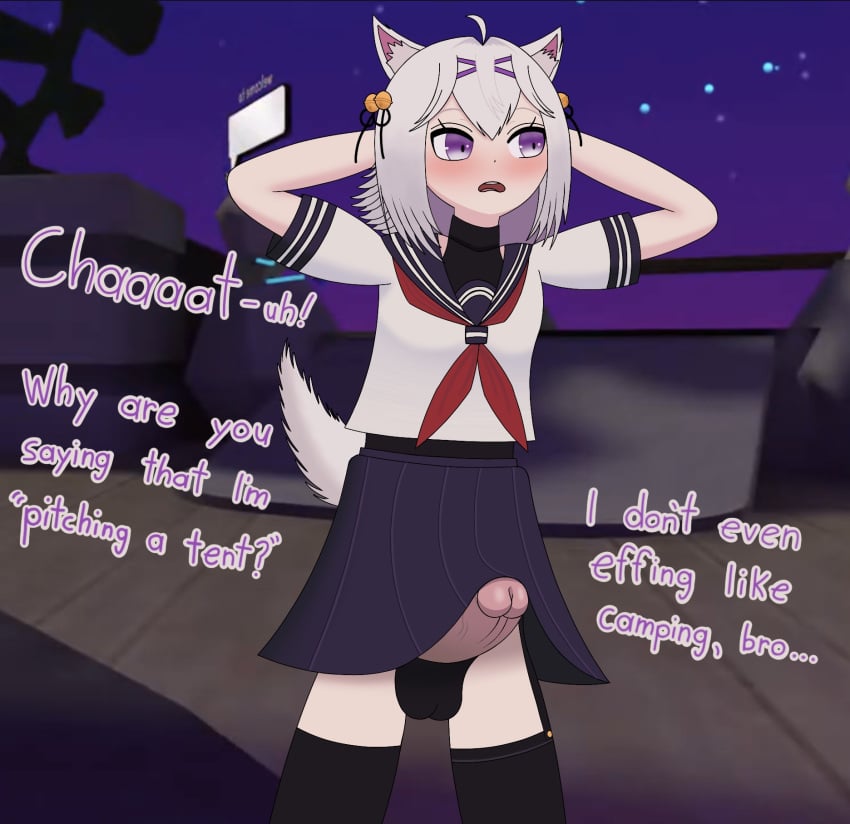 1futa animal_ears big_penis blush boner boner_under_clothes breasts cat_ears catgirl clothed clothing cock dialogue dick dickgirl erection erection_under_clothes filian filian_(vtuber) futa_only futanari grey_hair hair_ornament hands_behind_head humanoid humanoid_penis kemonomimi leggings legwear light-skinned_futanari light_skin mostly_clothed oblivious open_mouth panties penis penis_out penis_under_clothes purple_eyes school_uniform schoolgirl schoolgirl_uniform skirt skirt_up solo solo_futa solo_futanari standing streamer streaming talking tenting text virtual_youtuber vrchat