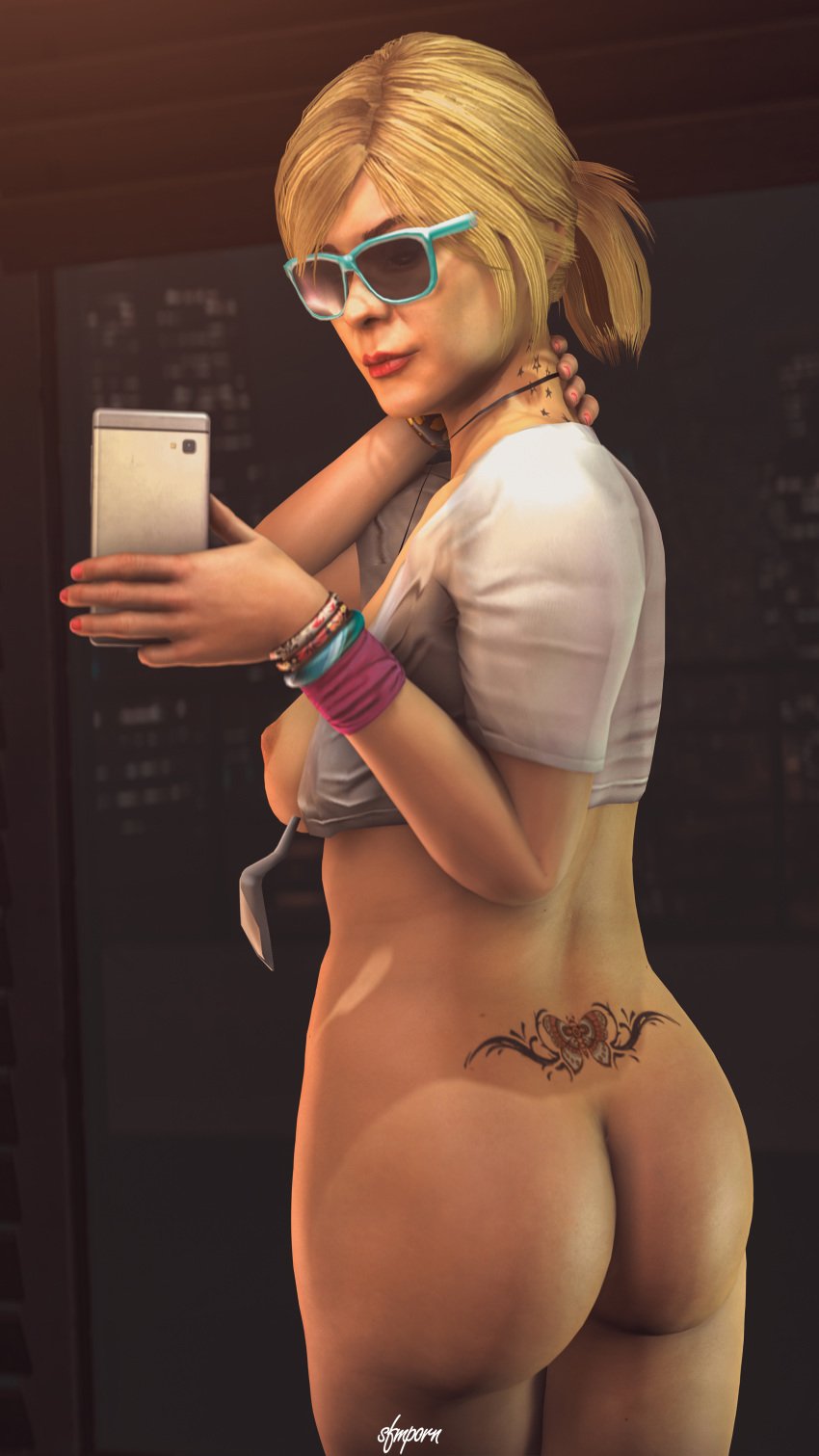 1girls 3d absurdres areolae ass blonde_hair blue_eyes breasts butt eyeshadow female female_only folded_ponytail grand_theft_auto grand_theft_auto_v highres human light_skin looking_at_viewer looking_back mirror nipples ponytail preppy purple_eyeshadow red_lipstick rockstar_games selfie sfmporn_(artist) slim solo source_filmmaker sunglasses tattoo text tied_hair tinted_eyewear tracey_de_santa tramp_stamp