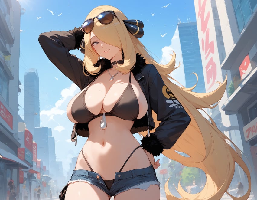 1girls ai_generated big_breasts blonde_hair bra clothed clothing color cynthia_(pokemon) female female_focus female_only game_freak grey_eyes hi_res jean_shorts large_breasts light-skinned_female light_skin long_hair looking_at_viewer naka_ai nintendo pokemon pokemon_champion pokemon_dppt pokemon_trainer solo solo_female sunglasses sunglasses_on_head tagme thick_thighs