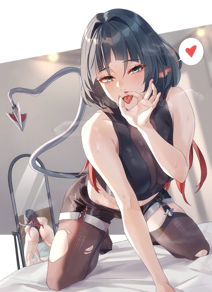 1girls all_fours animal_ears ass asymmetrical_legwear bare_arms bare_shoulders black_hair black_panties black_shirt black_shorts blush breasts brown_thighhighs cleavage different_reflection ear_piercing feet fellatio_gesture garter_straps green_eyes hair_intakes hand_up heart highres indoors jane_doe_(zenless_zone_zero) large_breasts long_hair long_tail looking_at_viewer midriff mirror mouse_ears mouse_girl mouse_tail multicolored_hair on_bed open_mouth panties piercing red_hair red_nails reflection see-through_clothes see-through_shirt sharp_tail shirt short_shorts shorts sleeveless sleeveless_shirt solo speech_bubble spoken_heart steaming_body sweat tail thighhighs tight_(ohmygod) tongue tongue_out torn_clothes torn_thighhighs two-tone_hair underwear uneven_legwear zenless_zone_zero