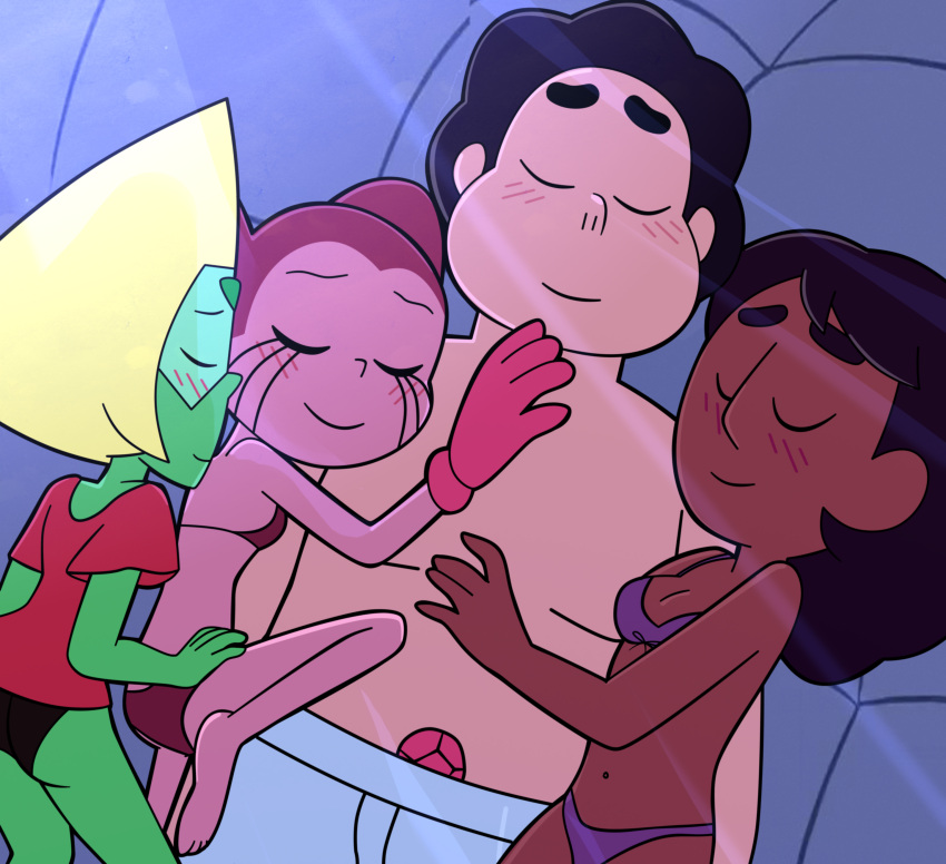 1boy 3girls alexbygray blush briefs_only cartoon_network connie_maheswaran cuddling cute dark-skinned_female gem gem_(species) green_skin indian_female luca_mansilla multiple_girls non-human peridot_(steven_universe) pink_skin sfw sleeping smile spinel_(steven_universe) steven_quartz_universe steven_universe t-shirt underwear_only visor wholesome