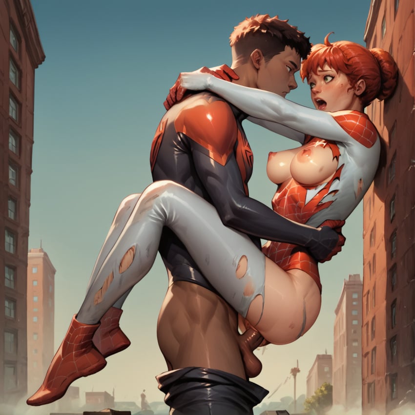 1boy 1boy1girl 1girl ai_generated breasts breasts_out building buildings costume_damaged hands_around_neck interracial interracial_sex leg_lock legs_lift legs_lifted legs_up looking_at_another looking_at_partner marvel marvel_comics mary_jane_watson miles_morales open_mouth outdoor_sex outdoors pants_down penis_in_pussy spider-man spider-man_(series) spinneret_(mary_jane_watson) superhero superheroine themerchant69 trees unmask unmasked wall wall_(structure) windows