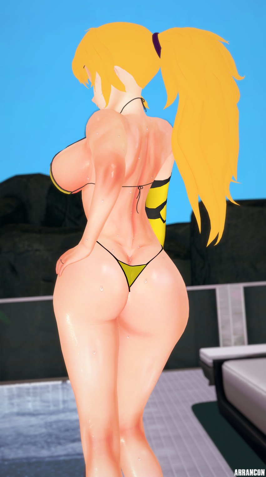 1girls 3d arrancon ass ass_focus bikini bikini_bottom bikini_top blonde_female blonde_hair facing_back grimmed hand_on_butt ponytail robotic_arm rwby sideboob sweaty_body yang_xiao_long