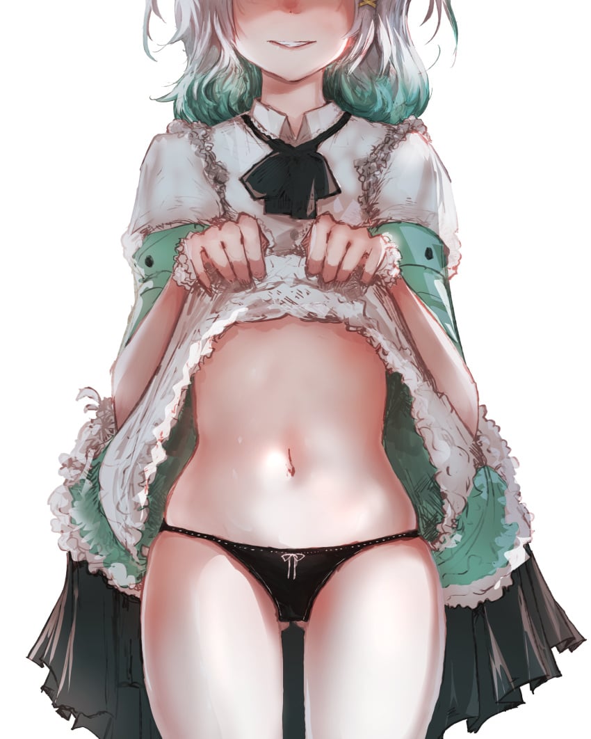 1girls advarcher bare_torso belly_button black_panties clothing eyes_out_of_frame female gradient_hair green_hair hi_res highres human indie_virtual_youtuber lifting_skirt maid maid_outfit maid_uniform mint_fantome navel pale_skin showing_off showing_panties showing_torso solo solo_female solo_focus tummy two_tone_hair virtual_youtuber white_background white_hair