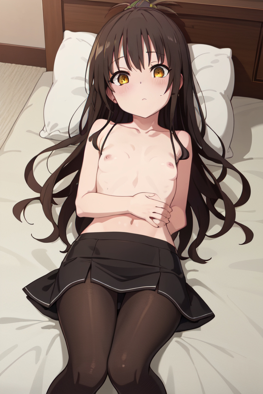 ai_generated breasts gl3042 lying_on_bed nipples pantyhose skirt small_breasts to_love-ru yuuki_mikan