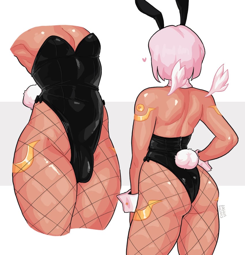 1boy angel angel_boy anhel_(loggus_doggus) ass bulge bunny_ears bunny_tail bunnysuit crossdressing femboy fishnets girly hi_res loggus_doggus male male_only penis_bulge pink_hair rear_view small_wings solo thick_thighs white_background wings wrist_cuffs