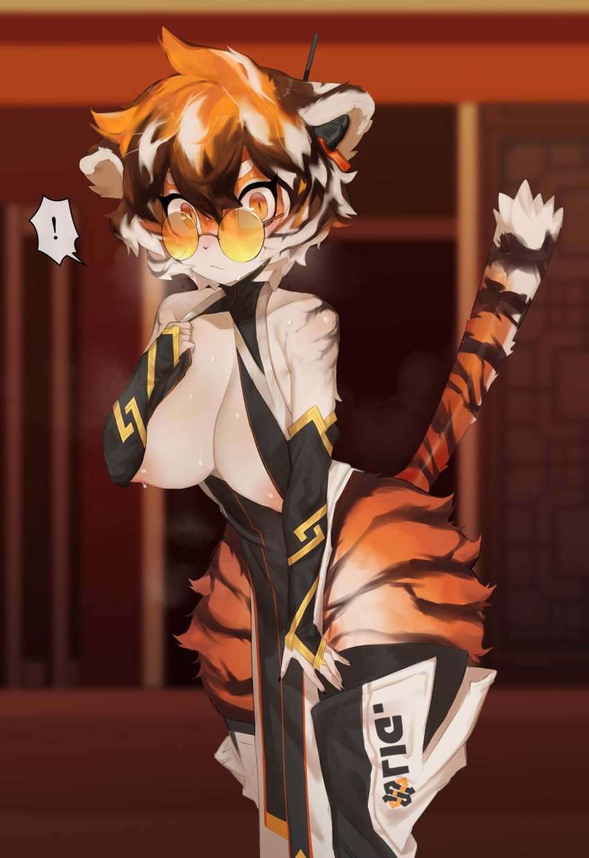 1girls animal_ears anthro arknights big_breasts blush eress fur glasses looking_at_viewer orange_eyes orange_fur orange_hair partially_clothed presenting short_hair solo standing surprised sweat tail thick_thighs waai_fu_(arknights)