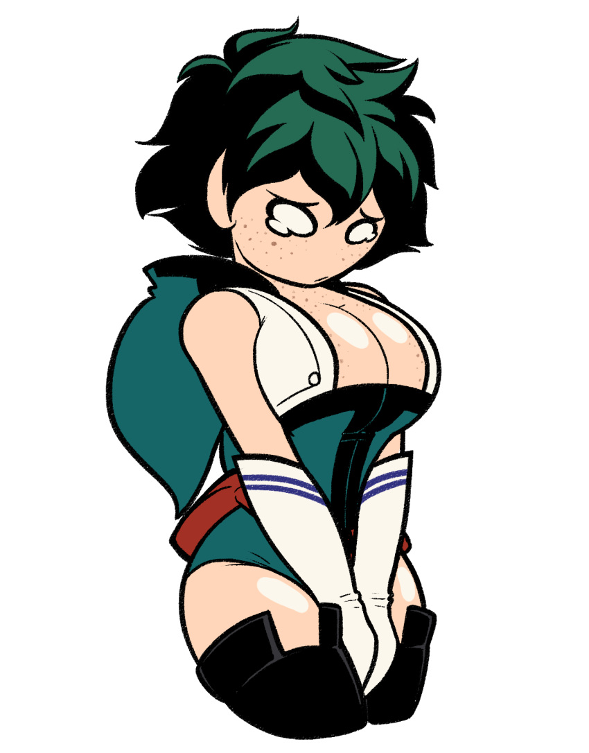 1girls adult_swim big_breasts boku_no_hero_academia breasts cleavage clothing crossgender female female_deku freckles frost-lock green_hair izuku_midoriya leggings midoriya_izuku my_hero_academia revealing_clothes rule_63 short_hair simple_shading thick_thighs thighs toonami