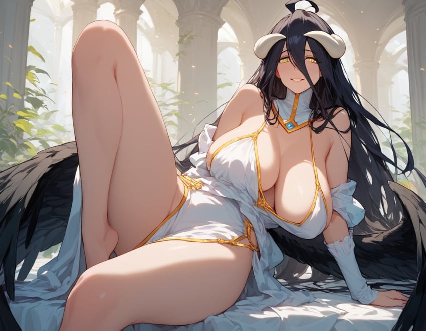 1girls ai_generated albedo_(overlord) bare_arms bare_legs bare_shoulders bare_thighs big_breasts black_hair clothed clothing color demon female female_focus female_only hi_res horns large_breasts light-skinned_female light_skin long_hair looking_at_viewer naka_ai no_bra overlord_(maruyama) solo solo_female succubus tagme thick_thighs wings yellow_eyes