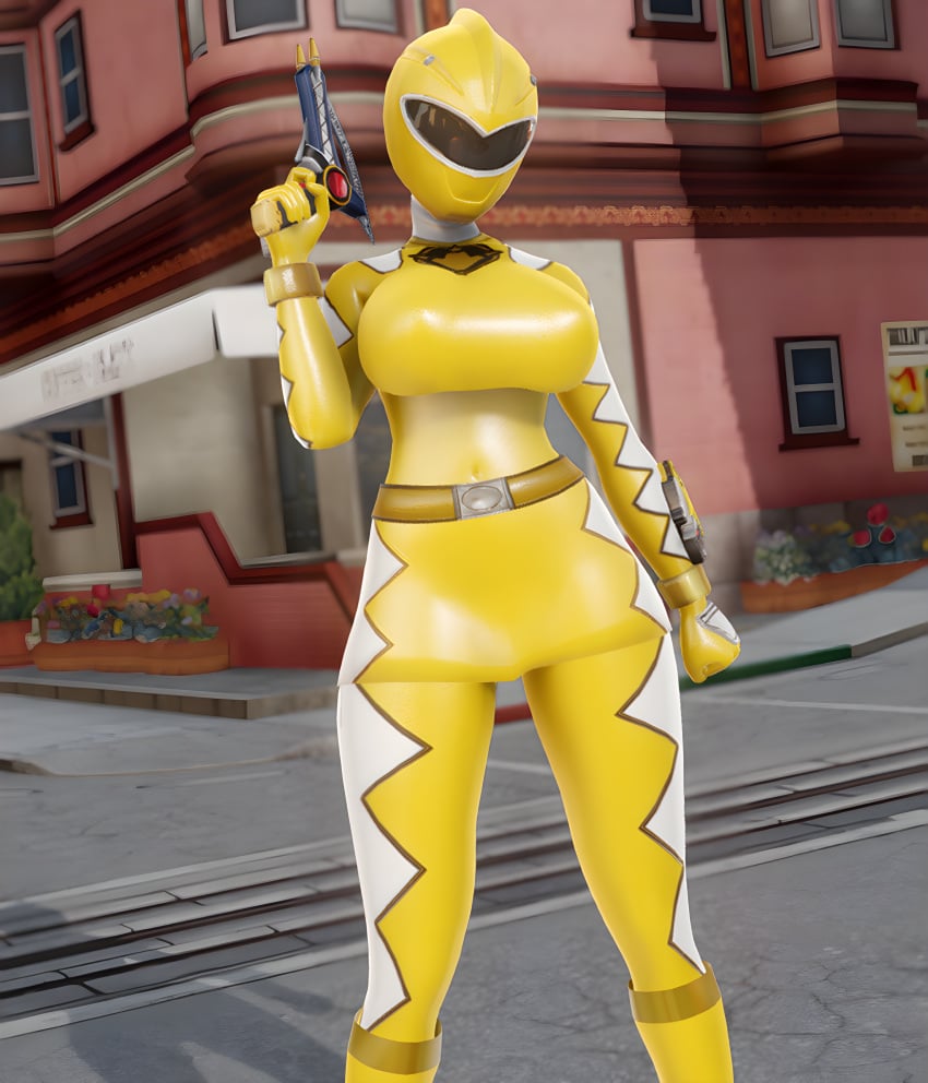 3d abare_yellow big_breasts dezaab large_breasts power_rangers public super_sentai superheroine thick_thighs yellow_ranger yellow_spandex