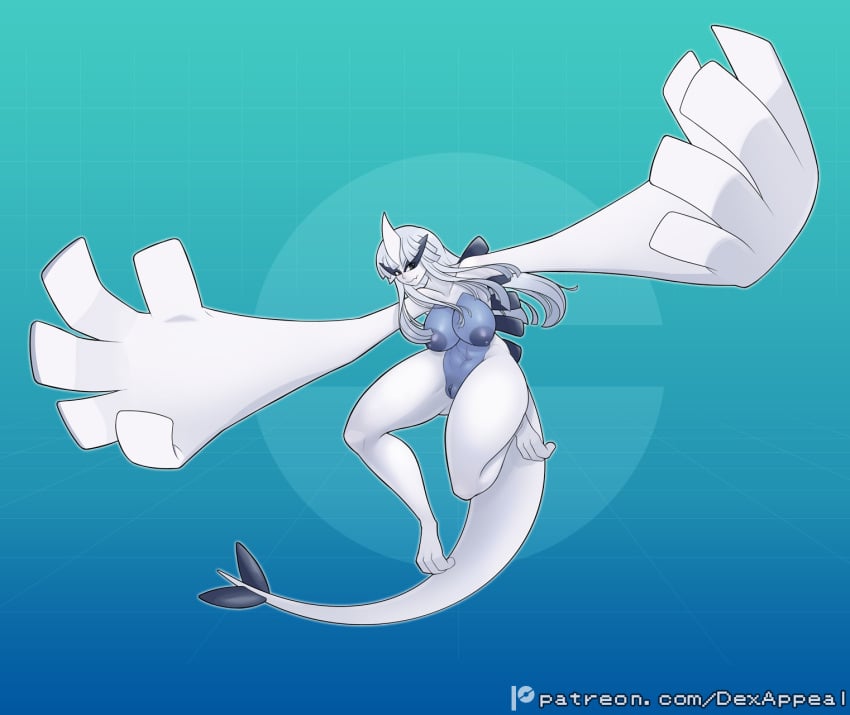 1female blue_body dex_appeal gen_2_pokemon horn legendary_pokémon lugia monster_girl nintendo nipples nude nude_female pokemon pokemon_(species) pokemorph pussy spines tail white_body white_hair wings