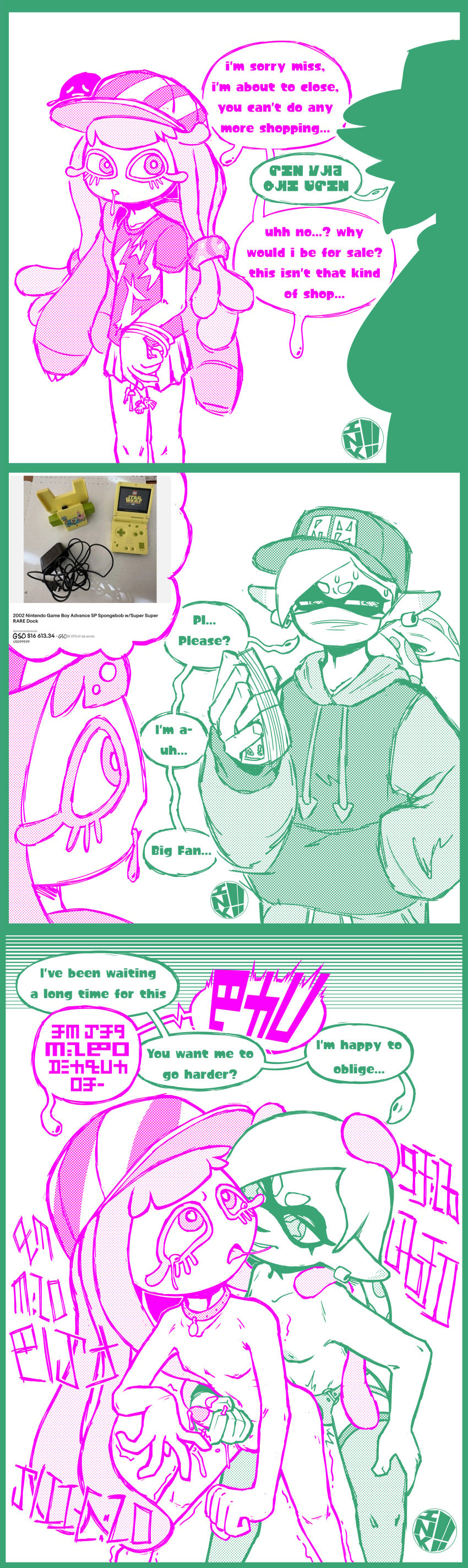 1futa 1girls alternate_version_at_source anal_insertion anal_sex areolae balls collar collarbone comic cum cum_while_penetrated dickgirl embarrassed femdom futanari handjob handjob_while_penetrated harmony_(splatoon) heart-shaped_pupils ink_inkly limited_palette marie_(splatoon) nervous pegging prostitution reach_around self_upload splatoon splatoon_(series) splatoon_3 standing_sex stockings strap-on