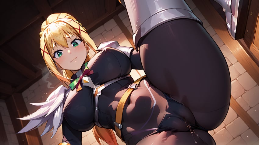 1girls ai_generated belly_button big_ass blonde_hair blush cameltoe darkness_(konosuba) green_eyes kono_subarashii_sekai_ni_shukufuku_wo! large_breasts leg_armor leg_lift long_hair looking_at_viewer pauldrons ponytail presenting_pussy pussy pussy_juice pussy_juice_drip see_through slim_waist thick_thighs thong tight_clothing