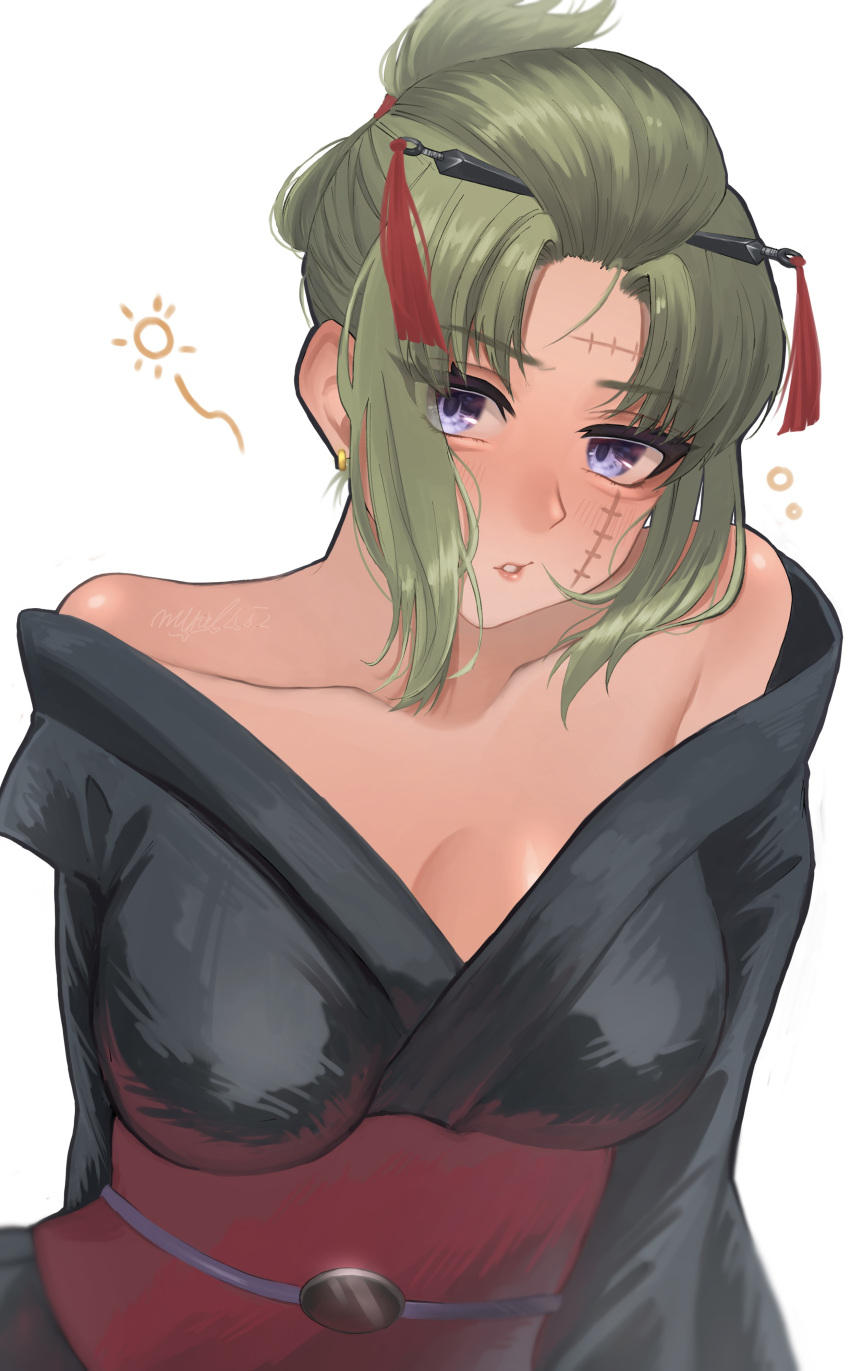 alternate_version_available blonde_hair blush chonmage cleavage drunk drunk_bubbles earrings facial_scar female female_only gintama hair_ornament japanese_clothes kimono kunai kunoichi levi_0409 looking_at_viewer medium_breasts obi off_shoulder purple_eyes scar solo tied_hair tsukuyo upper_body